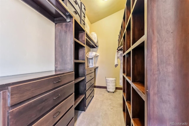 spacious closet featuring light carpet