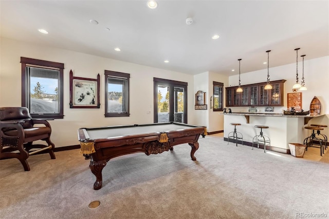 game room featuring light carpet, baseboards, billiards, and recessed lighting