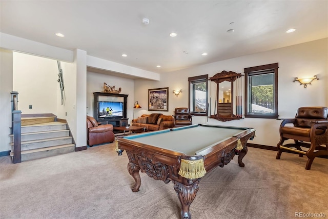 game room featuring carpet floors, recessed lighting, pool table, and baseboards