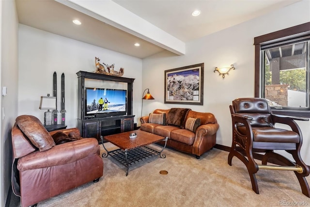 living area with recessed lighting, beam ceiling, light colored carpet, and baseboards