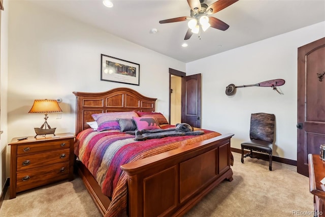 bedroom with light carpet, baseboards, a ceiling fan, and recessed lighting