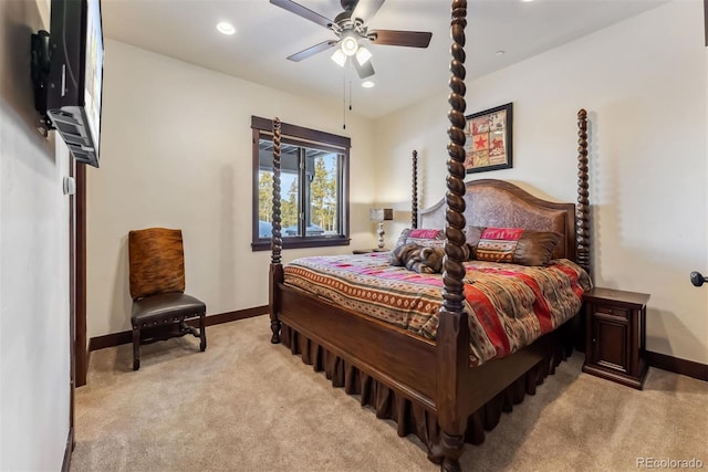 bedroom with a ceiling fan, recessed lighting, light colored carpet, and baseboards