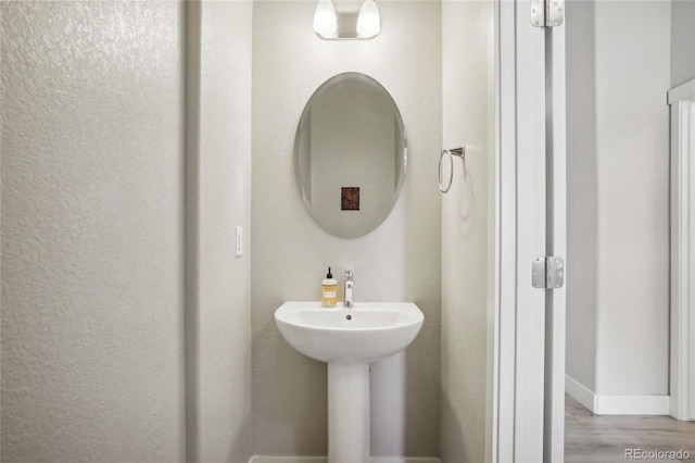 bathroom with hardwood / wood-style flooring