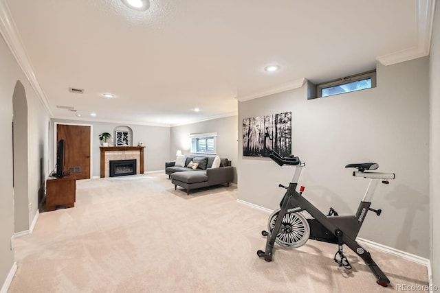 exercise area featuring light carpet and crown molding