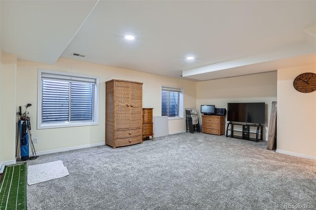 interior space with recessed lighting, carpet, visible vents, and baseboards