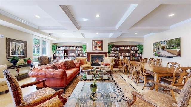 2500 E Cherry Creek S Drive 213, Denver, CO 80209 - living area with beamed ceiling, coffered ceiling, recessed lighting, a glass covered fireplace, and light tile patterned floors