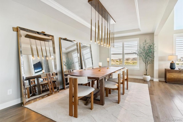 dining area featuring hardwood / wood-style floors, ornamental molding, and a raised ceiling