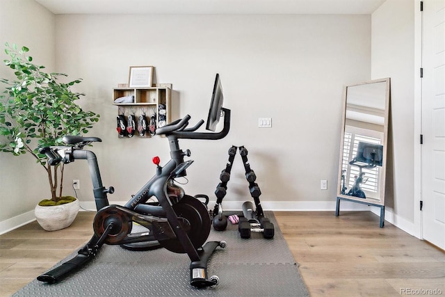 workout area with light hardwood / wood-style floors