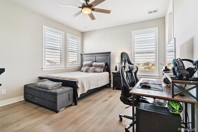 bedroom featuring ceiling fan and light hardwood / wood-style floors