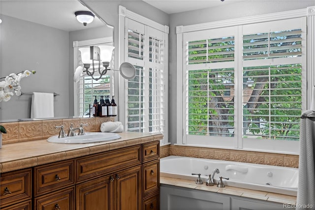 1366 S Vine St, Denver, CO 80210 - full bath with a whirlpool tub, vanity, and a chandelier