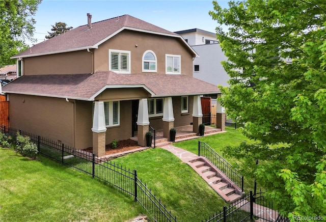 1366 S Vine St, Denver, CO 80210 - view of front of home with roof with shingles, a porch, brick siding, a fenced backyard, and stucco siding