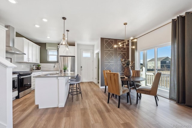 kitchen with white cabinetry, stainless steel appliances, a center island with sink, and wall chimney range hood