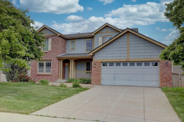 2253 E 100th Pl, Thornton, CO 80229 - view of front facade with brick siding, concrete driveway, a garage, and a porch
