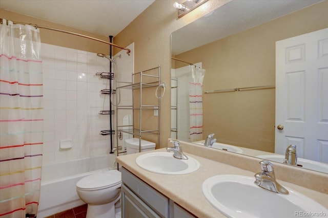 2253 E 100th Pl, Thornton, CO 80229 - full bathroom with shower / bath combination with curtain, double vanity, toilet, and tile patterned floors