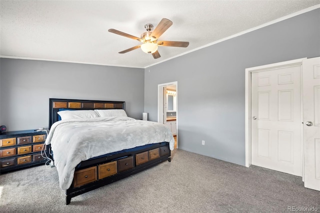 bedroom with carpet flooring, a textured ceiling, ceiling fan, and crown molding