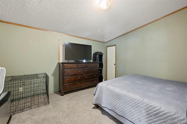 carpeted bedroom featuring a textured ceiling, vaulted ceiling, and crown molding