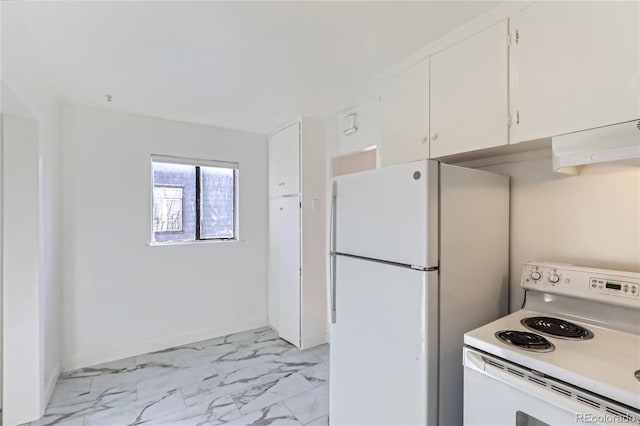 kitchen with custom range hood, white cabinets, and white appliances