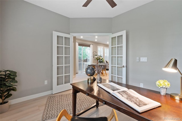 239 W Jamison Ct, Littleton, CO 80120 - home office with french doors, light wood-style flooring, a ceiling fan, recessed lighting, and baseboards