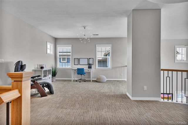 carpeted office space with baseboards, a chandelier, and visible vents