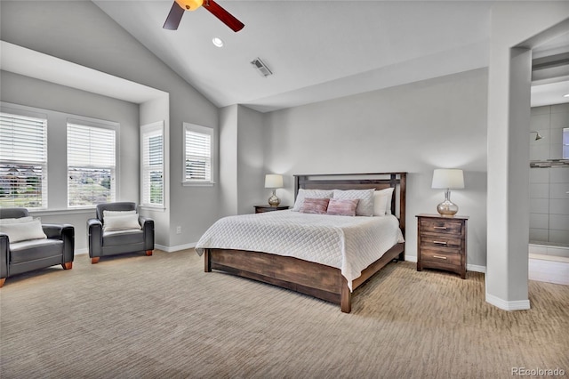 bedroom featuring visible vents, lofted ceiling, baseboards, recessed lighting, and carpet flooring