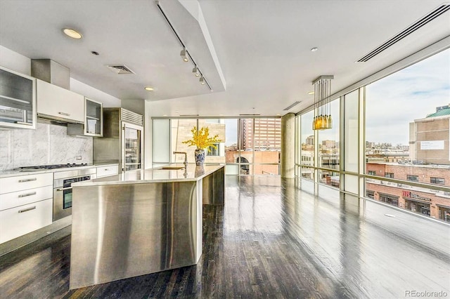 kitchen with stainless steel appliances, white cabinetry, dark hardwood / wood-style floors, and decorative backsplash