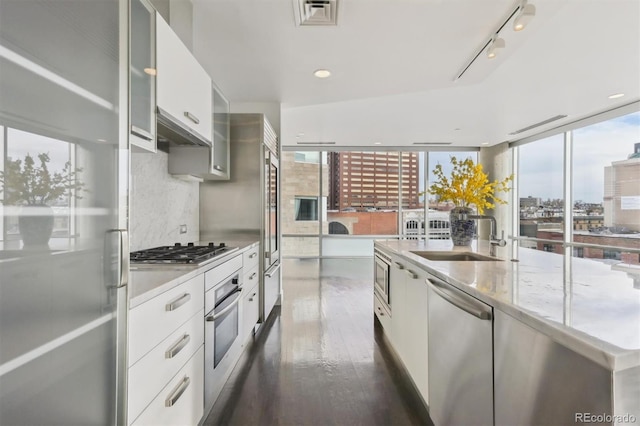 kitchen featuring white cabinetry, stainless steel appliances, dark hardwood / wood-style floors, and sink