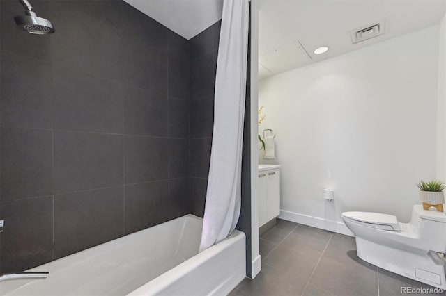 full bathroom featuring shower / bath combination with curtain, vanity, toilet, and tile patterned flooring