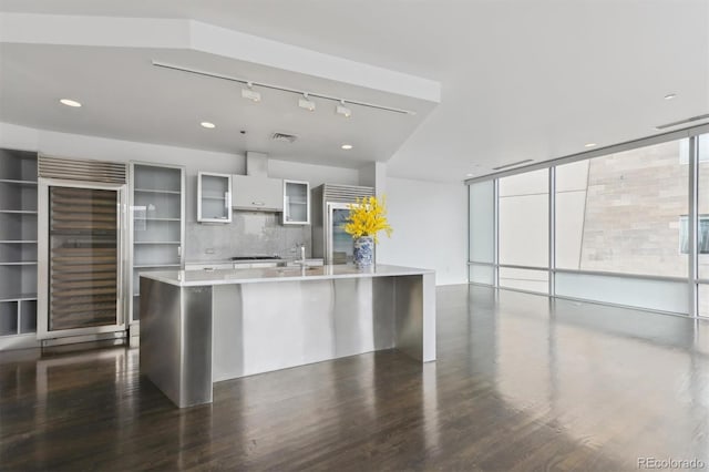 kitchen with open shelves, light countertops, white cabinetry, dark wood-type flooring, and wine cooler