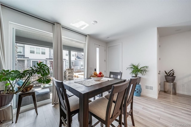 dining area featuring light wood finished floors, visible vents, and baseboards