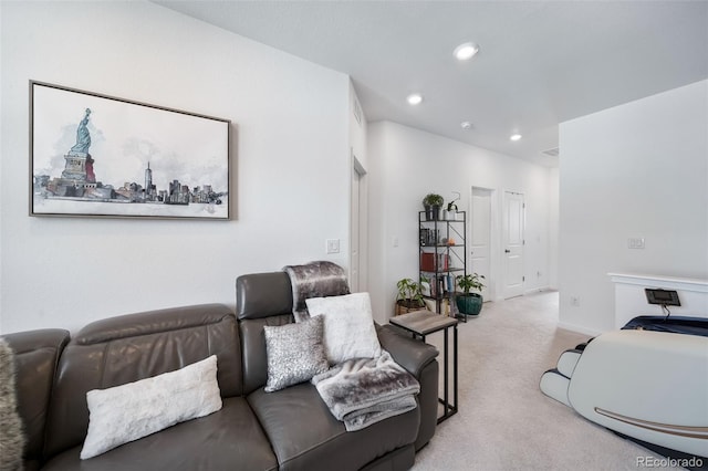 carpeted living room with recessed lighting and visible vents