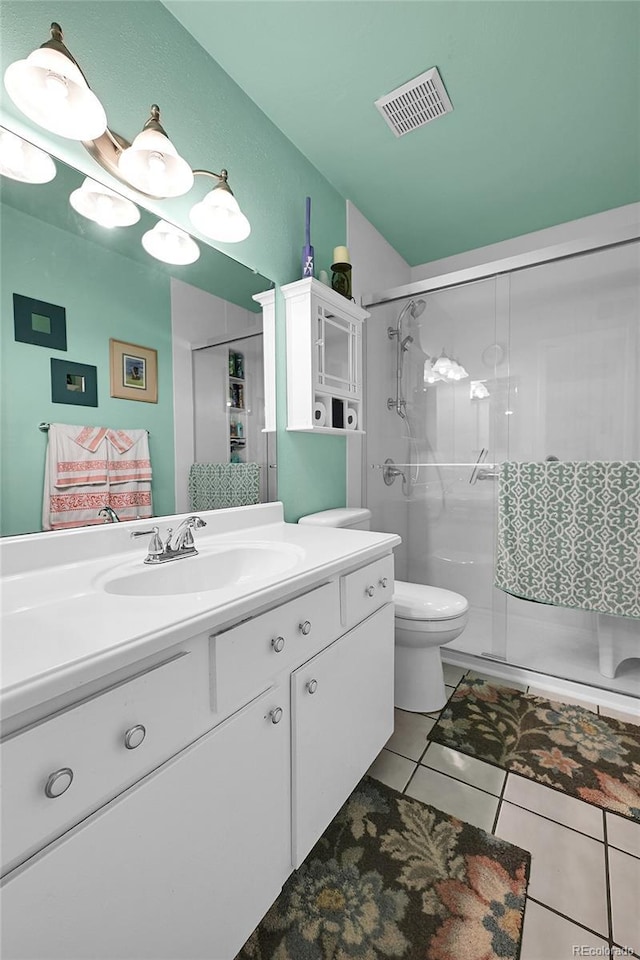 full bathroom with vanity, visible vents, a stall shower, tile patterned floors, and toilet