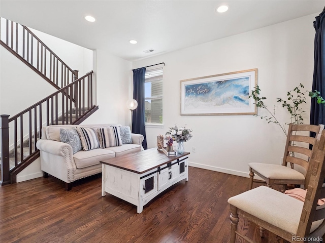 living room with dark wood finished floors, stairs, recessed lighting, baseboards, and visible vents