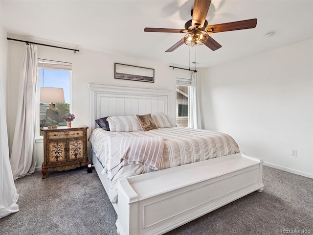 bedroom with carpet floors, ceiling fan, and baseboards