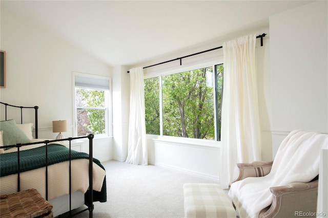 bedroom featuring baseboards, lofted ceiling, and carpet