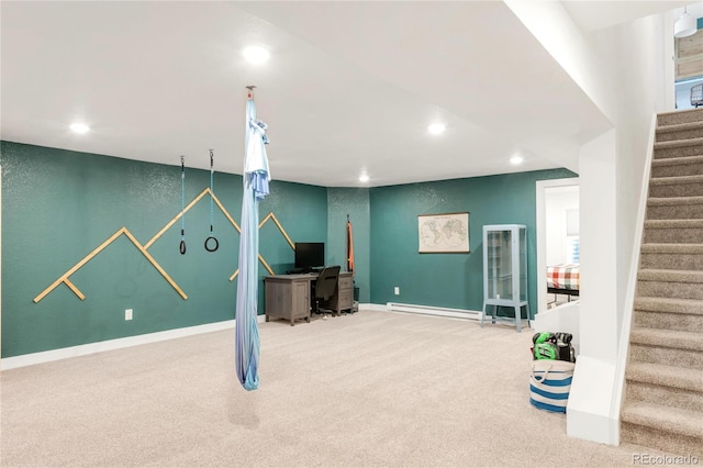 recreation room featuring carpet, baseboards, baseboard heating, and recessed lighting