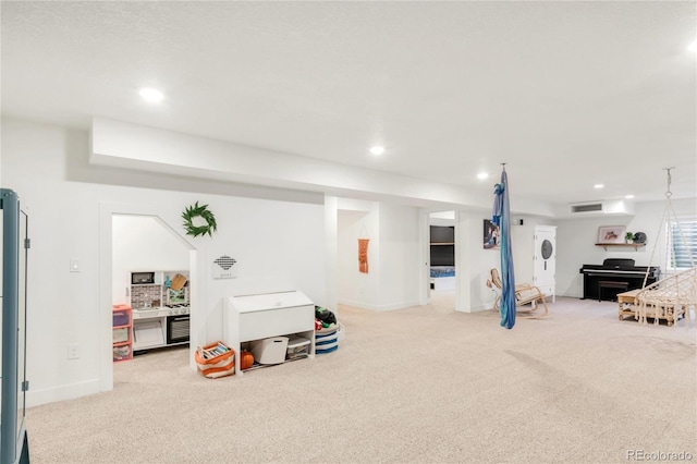 playroom with recessed lighting, baseboards, and carpet