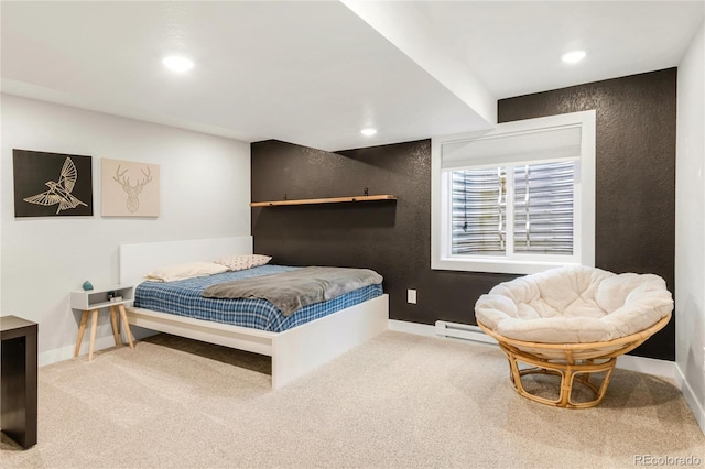 carpeted bedroom with baseboards and recessed lighting