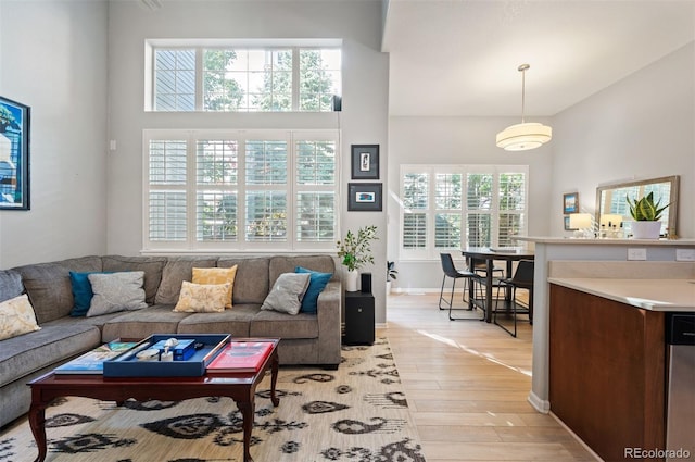 living room featuring a high ceiling and light wood-style flooring