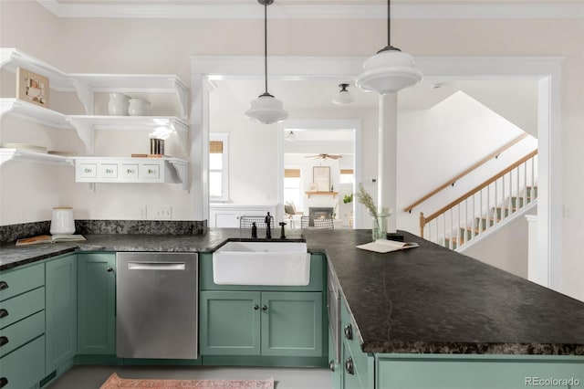 539 Baker St, Longmont, CO 80501 - kitchen with green cabinetry, stainless steel dishwasher, a sink, open shelves, and ceiling fan