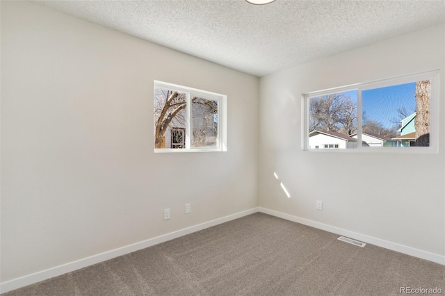 unfurnished room featuring carpet flooring and a textured ceiling