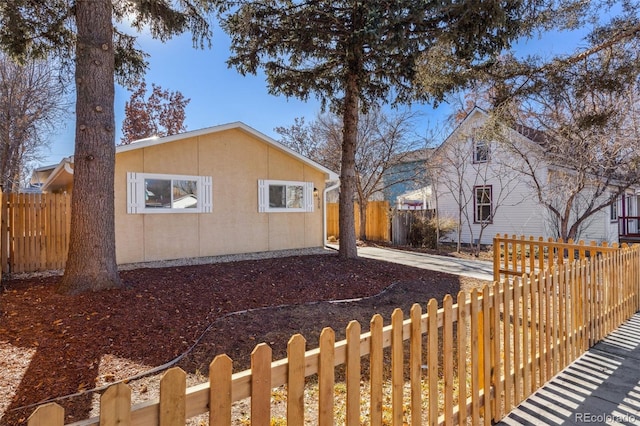 view of home's exterior featuring a fenced front yard and stucco siding