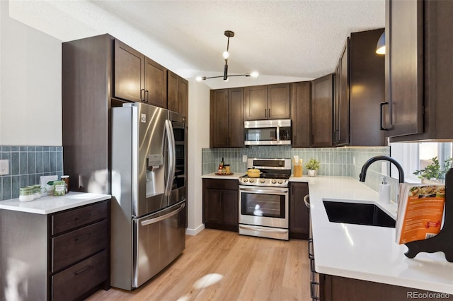 kitchen with light wood-type flooring, a sink, tasteful backsplash, stainless steel appliances, and dark brown cabinets