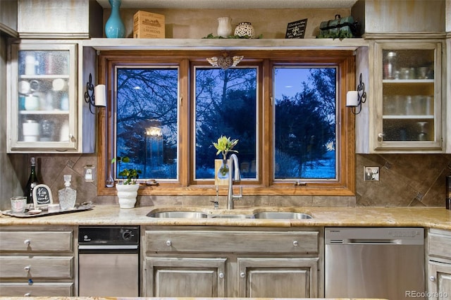 bar featuring sink, decorative backsplash, and stainless steel dishwasher