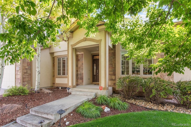 view of exterior entry featuring stucco siding