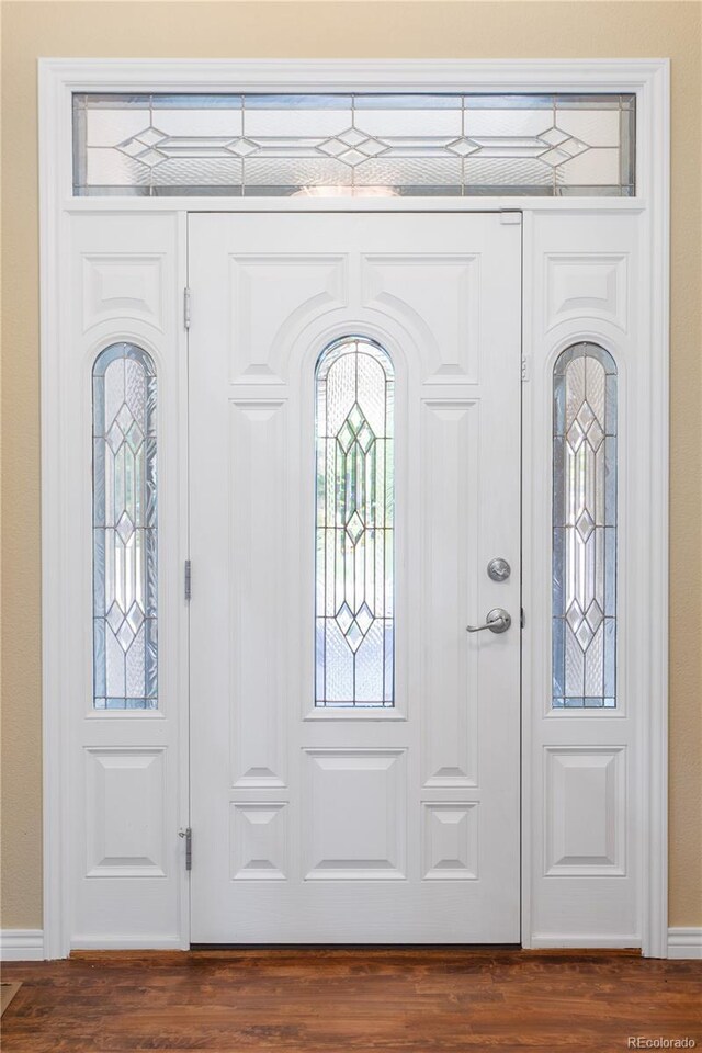 foyer entrance featuring baseboards and dark wood-style flooring