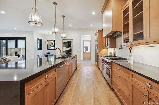 kitchen featuring light hardwood / wood-style flooring, a spacious island, appliances with stainless steel finishes, sink, and decorative light fixtures