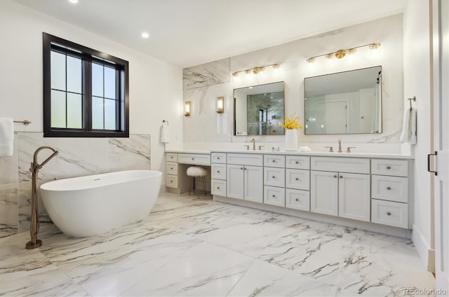 bathroom featuring independent shower and bath, tile walls, and vanity