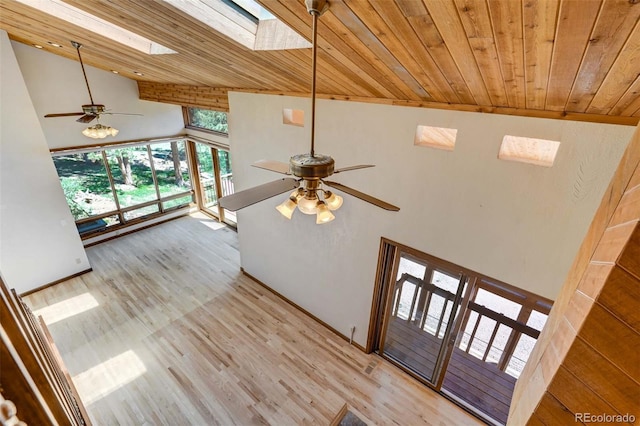 entryway with hardwood / wood-style floors, wooden ceiling, ceiling fan, and a skylight