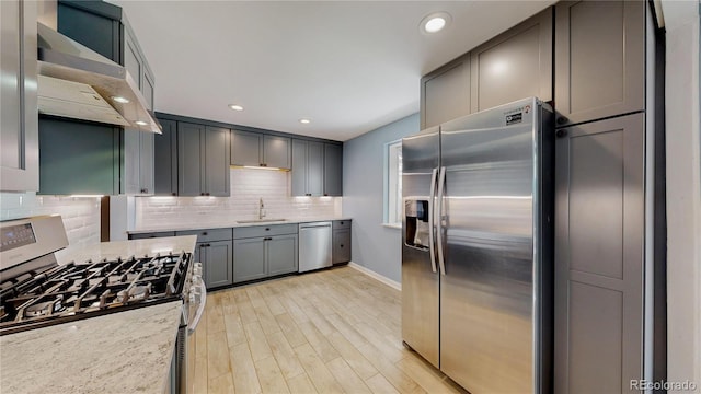 8774 Princeton St, Westminster, CO 80031 - kitchen featuring appliances with stainless steel finishes, a sink, ventilation hood, decorative backsplash, and baseboards