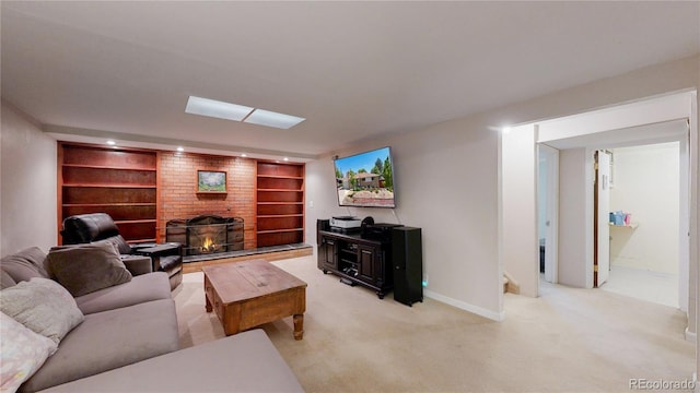 8774 Princeton St, Westminster, CO 80031 - living room featuring a fireplace, light carpet, baseboards, built in shelves, and stairway